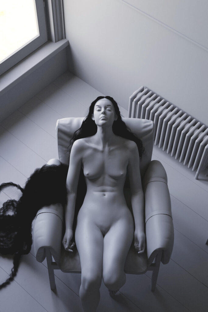 A woman with long flowing hair reclines on a chair in a minimalist matcap scene of Interior Minimal 6